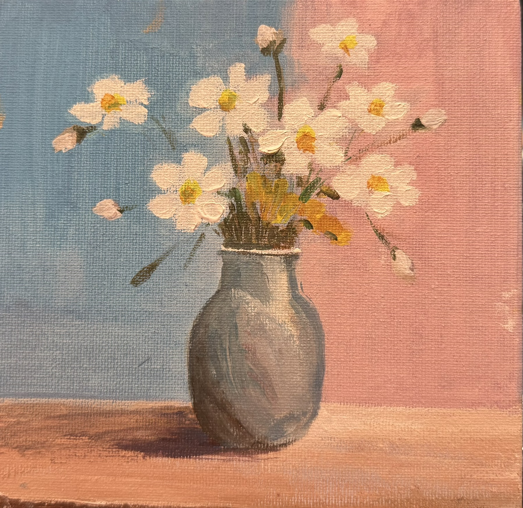 White Daisies, Grey Vase, Acrylic on canvas, © 2026 FC. All Rights Reserved.
