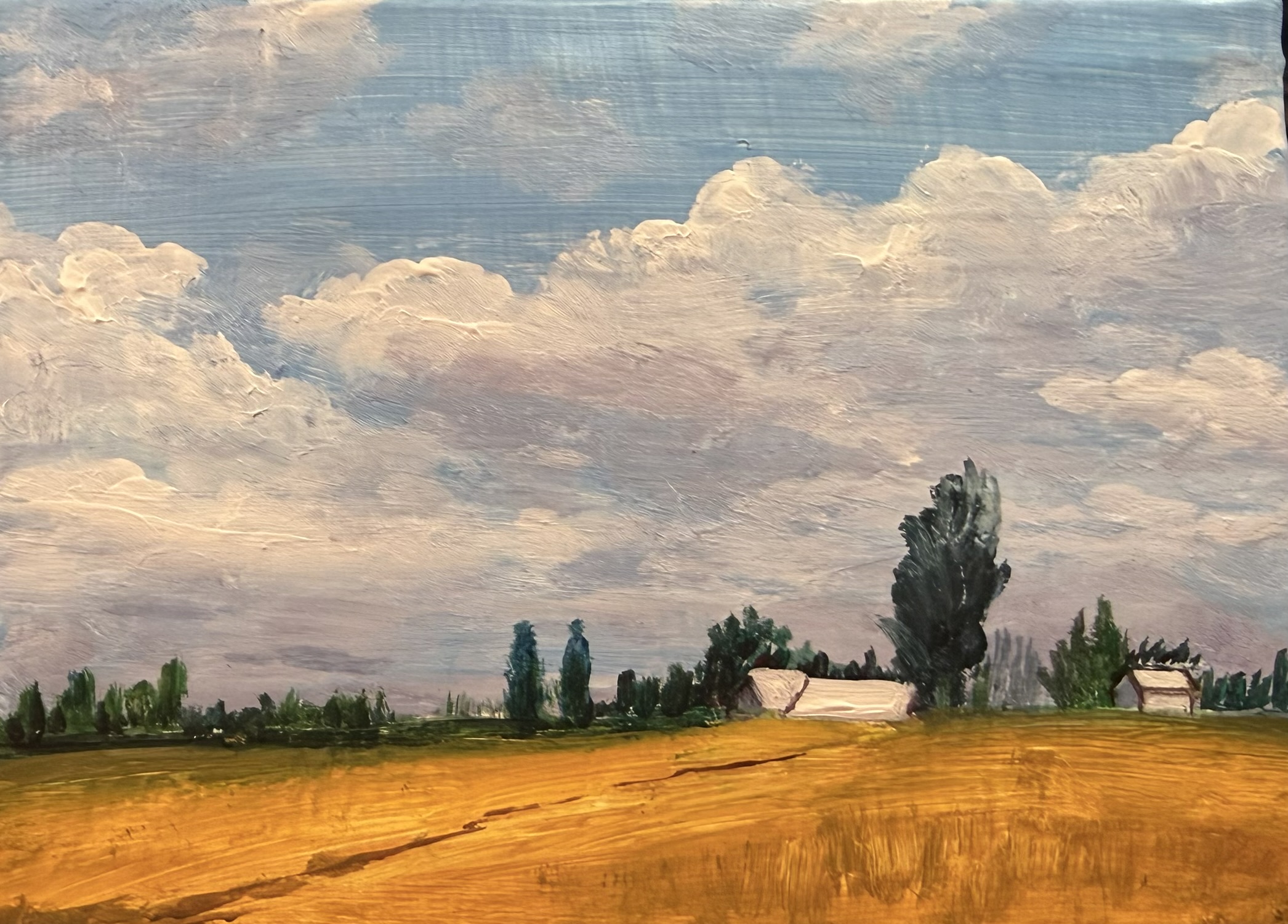 Farmstead under a Wide Sky, Acrylic on canvas, © 2026 FC. All Rights Reserved.